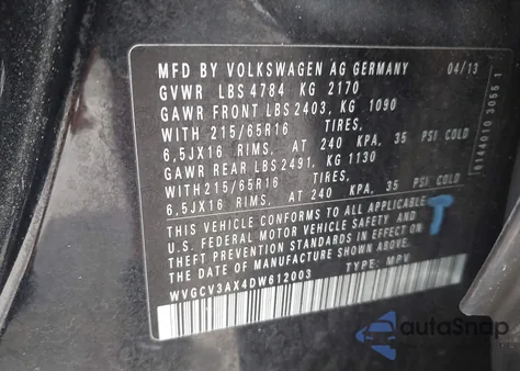 2013 Volkswagen Tiguan S from USA, damaged, VIN WVGCV3AX4DW612003
